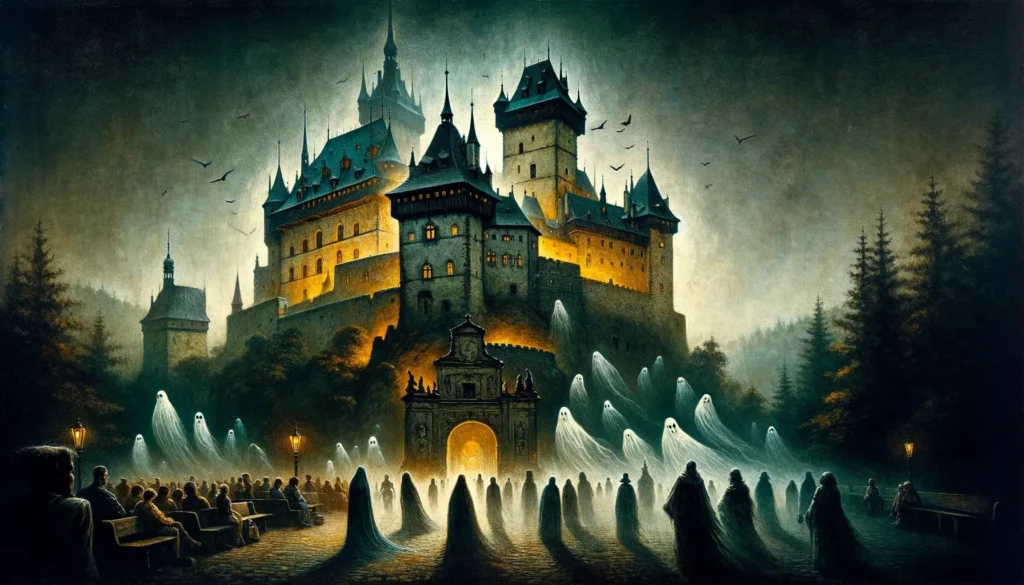 Obrázek zachycující tajemnou atmosféru hradu Karlštejn a jeho duchovních obyvatel, včetně bdělého ducha Karla IV. a mrazivé přítomnosti sedmadvaceti bezhlavých rytířů, byl vytvořen.
