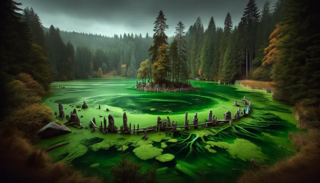 Obrázek zachycující Tajemství zeleného jezera, jezero s nezvykle zelenými vodami v srdci Čech, obklopené legendami o jeho léčivých i nebezpečných vlastnostech, byl vytvořen. Jezero zůstává obestřeno tajemstvím, lákající jak ty, kteří hledají léčbu, tak ty, kdo se snaží odhalit pravdu za jeho magickými vodami.