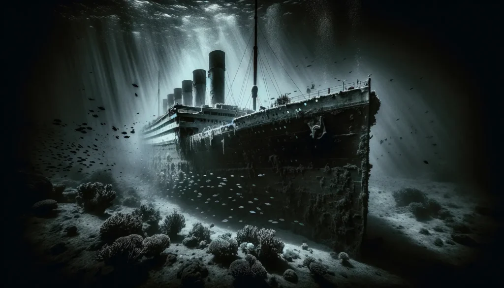 Obrázek Titaniku ponořeného hluboko v oceánu s rozlišením 16:9 byl vytvořen, zachycuje jeho místo odpočinku na mořském dně obklopeném tajemnou tmou hlubokého moře.