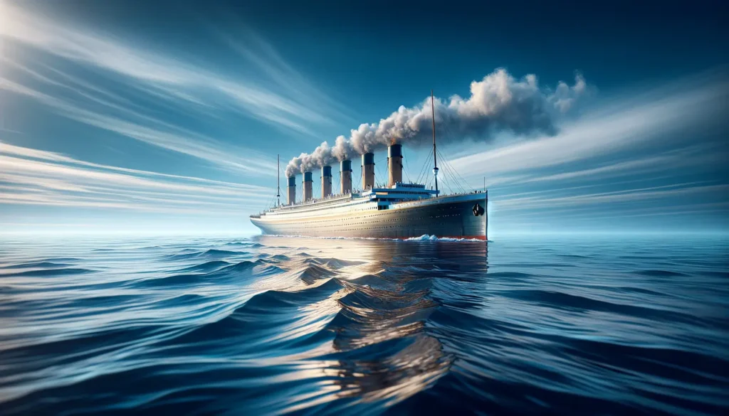Zde je obrázek Titaniku na moři s rozlišením 16:9, zachycující jeho majestátní vzhled a rozlehlost okolního oceánu.