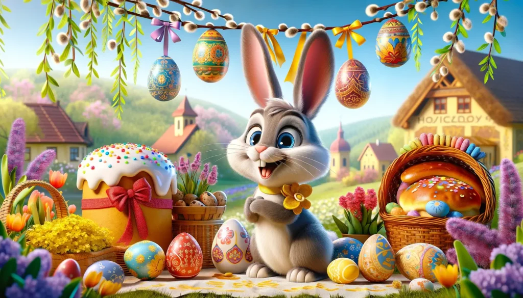 Obrázek velikonočního zajíčka obklopeného tradičními českými velikonočními symboly, vytvořený ve stylu Pixar. Zachycuje sváteční atmosféru a živé tradice Velikonoc v České republice