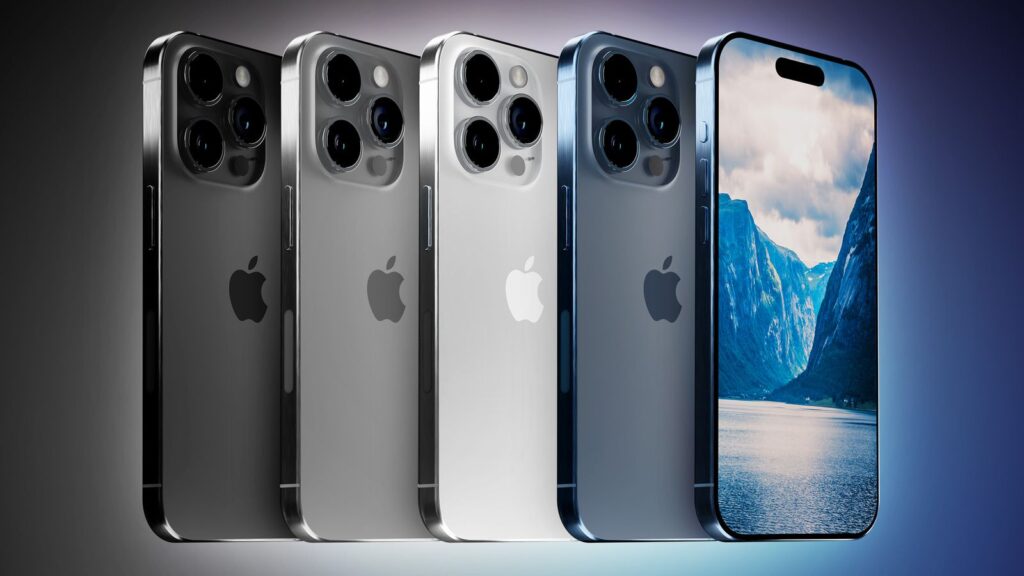 Modely iPhone 15 Pro v šedé, stříbrné a modré, zobrazené před pozadím s horskou krajinou.