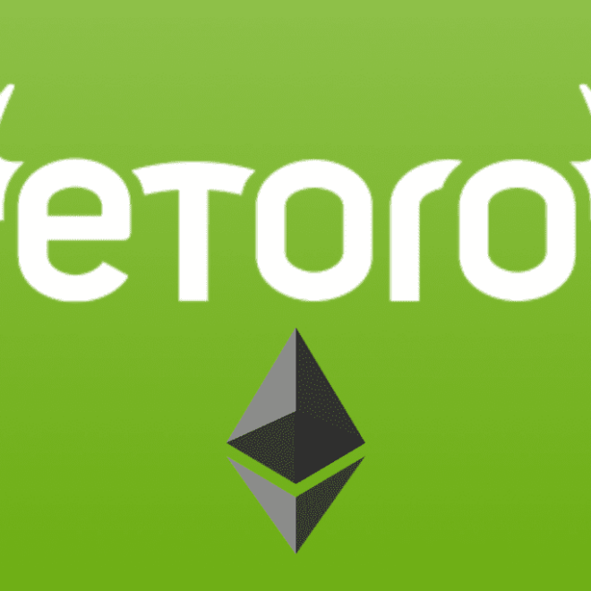 Logo investiční platformy eToro na zeleném pozadí. Logo obsahuje bílý nápis 'etoro' ve spodní části a nad ním je stylizovaný obraz Ethereum kryptoměny v černé a šedé barvě. Celkový dojem je čistý a jednoduchý, přičemž logo Ethereum je zřetelně umístěno ve středu a slouží jako vizuální spojení platformy eToro s kryptoměnami.
