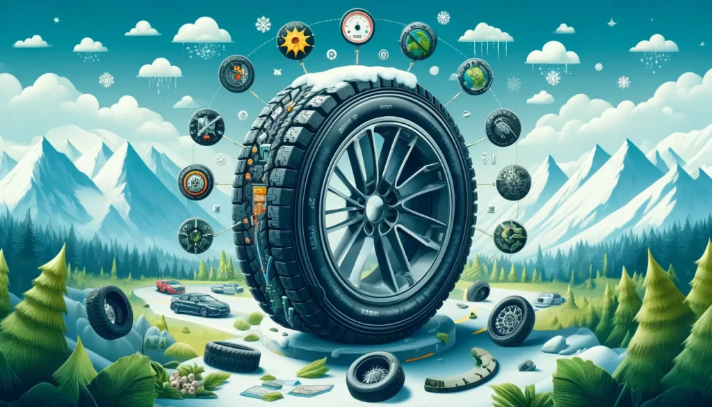 obrázek, který vizuálně shrnuje komplexní průvodce výběrem správných pneumatik pro váš vůz. Zobrazuje klíčové faktory při výběru pneumatik, jako jsou symboly pro zimní a letní pneumatiky, rychlostní indexy, nosnost a ekologické možnosti. Na obrázku je vidět průřez pneumatiky spolu s různými typy pneumatik a podmínkami pro jízdu, aby zdůraznil význam informovaného rozhodování pro bezpečnost, výkon a dopad na životní prostředí.
