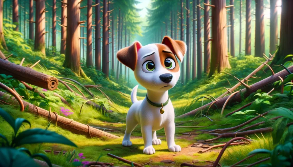 Animované štěně jménem Líza, Jack Russell teriér s bílou srstí a hnědými skvrnami, ztracené v hustém zeleném lese, vypadá zmateně a zvědavě mezi vysokými stromy a hustým podrostem.