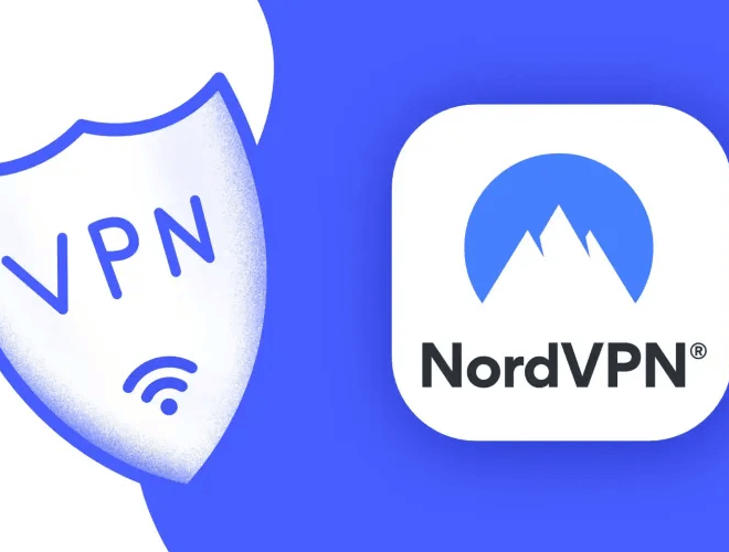 Logo NordVPN vedle štítu s nápisem "VPN" a symboly Wi-Fi, znázorňující online bezpečnost a anonymitu poskytovanou VPN službou.