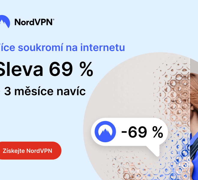 banner NordVPN s nabídkou "Více soukromí na internetu - Sleva 69 % + 3 měsíce navíc", s logem NordVPN a tlačítkem "Získejte NordVPN