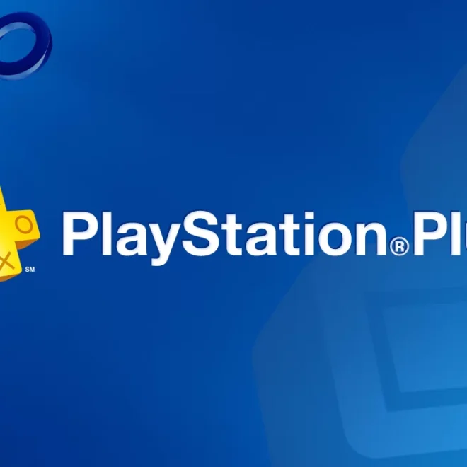 Logo služby PlayStation Plus s ikonickým žlutým křížem na pozadí v odstínech modré barvy, obklopené plovoucími symboly PlayStation: trojúhelníkem, kruhem, křížkem a čtvercem ve stylizované 3D grafice.