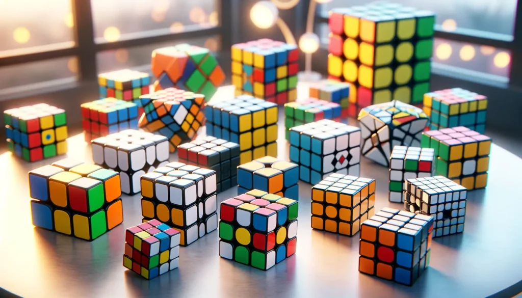 Různé varianty Rubikovy kostky, včetně klasické 3x3x3, 4x4x4, Pyraminxu, Megaminxu a Zrcadlového kostky, rozmístěné na stole v moderním interiéru s měkkým ostřením na pozadí, zdůrazňující barevné a geometrické tvary kostek.