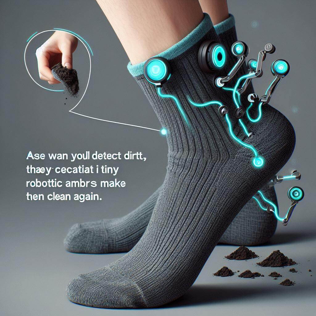Samočistící ponožky – Ponožky, které nikdy nebudete muset prát. Jakmile ucítí špínu, aktivují miniaturní robotické ruce, které je učiní zase krásně čistými.