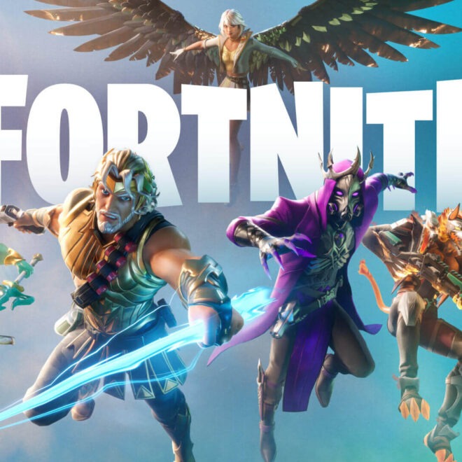 Skupina pestrobarevných postav z videohry Fortnite v akci, představující rozmanité kostýmy a vybavení, na modrém pozadí s velkým bílým logem Fortnite uprostřed.