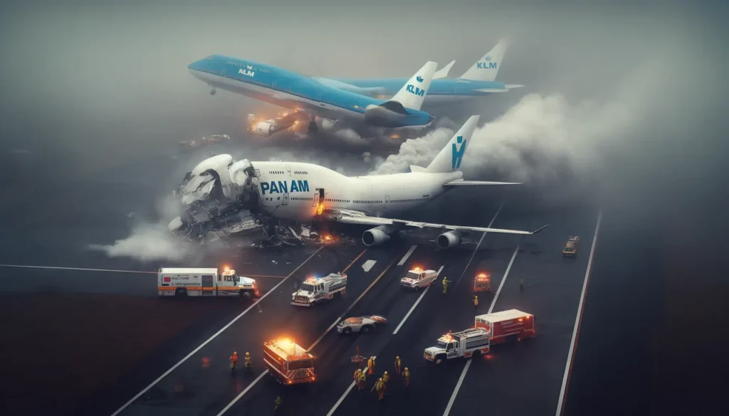 obrázek nehody Pan Am a KLM na Tenerife. Obrázek zachycuje okamžik po kolizi dvou Boeingů 747, s výraznými stopami poškození, kouřem a záchranáři na místě. Atmosféra je chaotická a zdůrazňuje vážnost nehody.