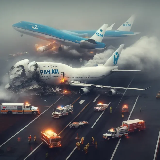 obrázek nehody Pan Am a KLM na Tenerife. Obrázek zachycuje okamžik po kolizi dvou Boeingů 747, s výraznými stopami poškození, kouřem a záchranáři na místě. Atmosféra je chaotická a zdůrazňuje vážnost nehody.