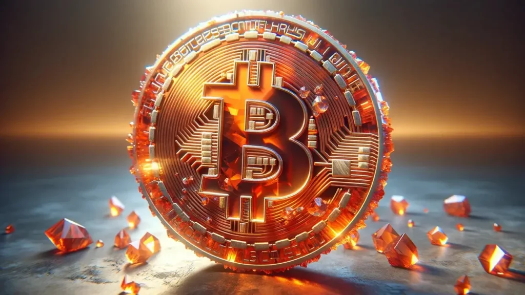 Zlatý Bitcoin s logem BTC, obklopený oranžovými krystaly, leží na mokrém povrchu pod dramatickým osvětlením.