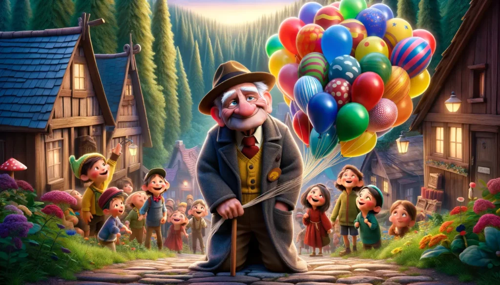 obrázek inspirovaný příběhem o dědečkovi s balónky ve stylu Disney Pixar