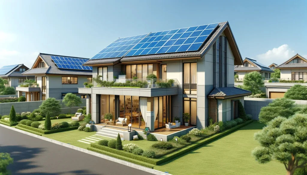 Obrázek na téma nových povinností pro malé výrobce elektřiny je připraven. Obsahuje realistický nízkopodlažní dům s fotovoltaickou elektrárnou na střeše, zasazený do příměstského prostředí. Solární panely jsou jasně viditelné na střeše domu, který má moderní design s velkými okny a dobře udržovanou zahradou. Celková atmosféra je světlá a ekologická.