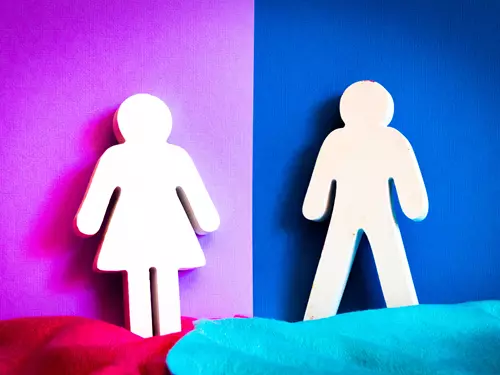 Obrázek zobrazuje řadu barevných postaviček na tmavém pozadí. Každá postavička má jinou barvu a symbol nad hlavou, který reprezentuje různé genderové identity.