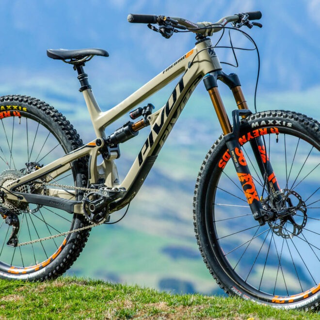 Jízdní kolo Pivot Firebird 29 na travnatém kopci s horskou krajinou v pozadí. Moderní design, velká kola a prvotřídní komponenty, ideální pro náročné traily a enduro jízdu.