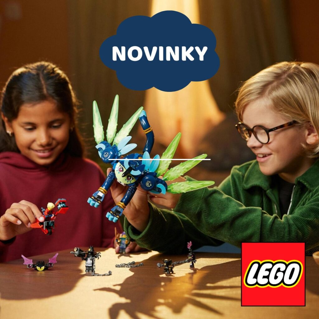 Děti si hrají s LEGO stavebnicí, na které jsou barevné figurky a drak s křídly.