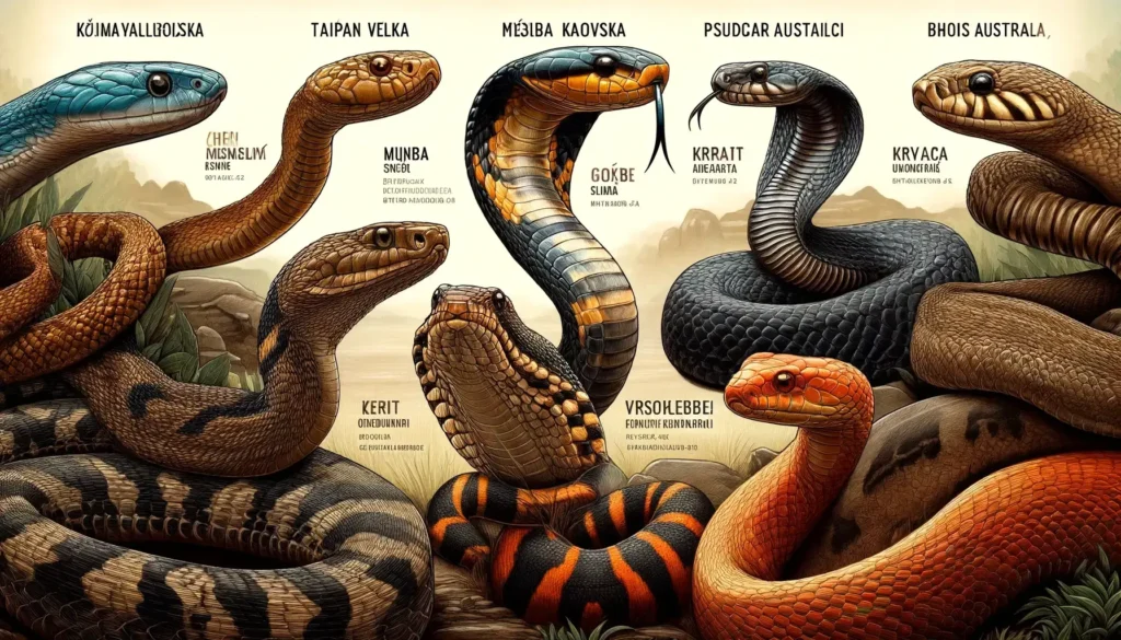 Obrázek znázorňující deset nejjedovatějších hadů na světě.