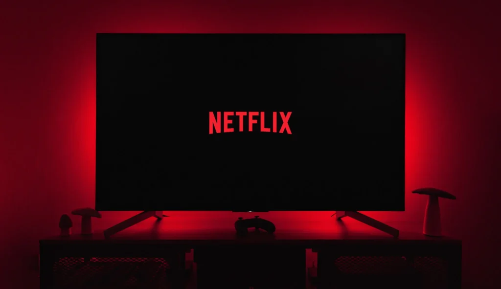 Červeně osvětlená místnost s televizí zobrazující logo Netflixu, s herním ovladačem a dvěma figurkami na televizním stolku.