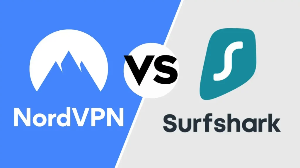 Porovnání dvou VPN služeb: NordVPN a Surfshark. Na levé straně modré pozadí s logem a nápisem NordVPN, na pravé straně šedé pozadí s logem a nápisem Surfshark. Uprostřed černý nápis "VS" označující srovnání mezi těmito dvěma službami.