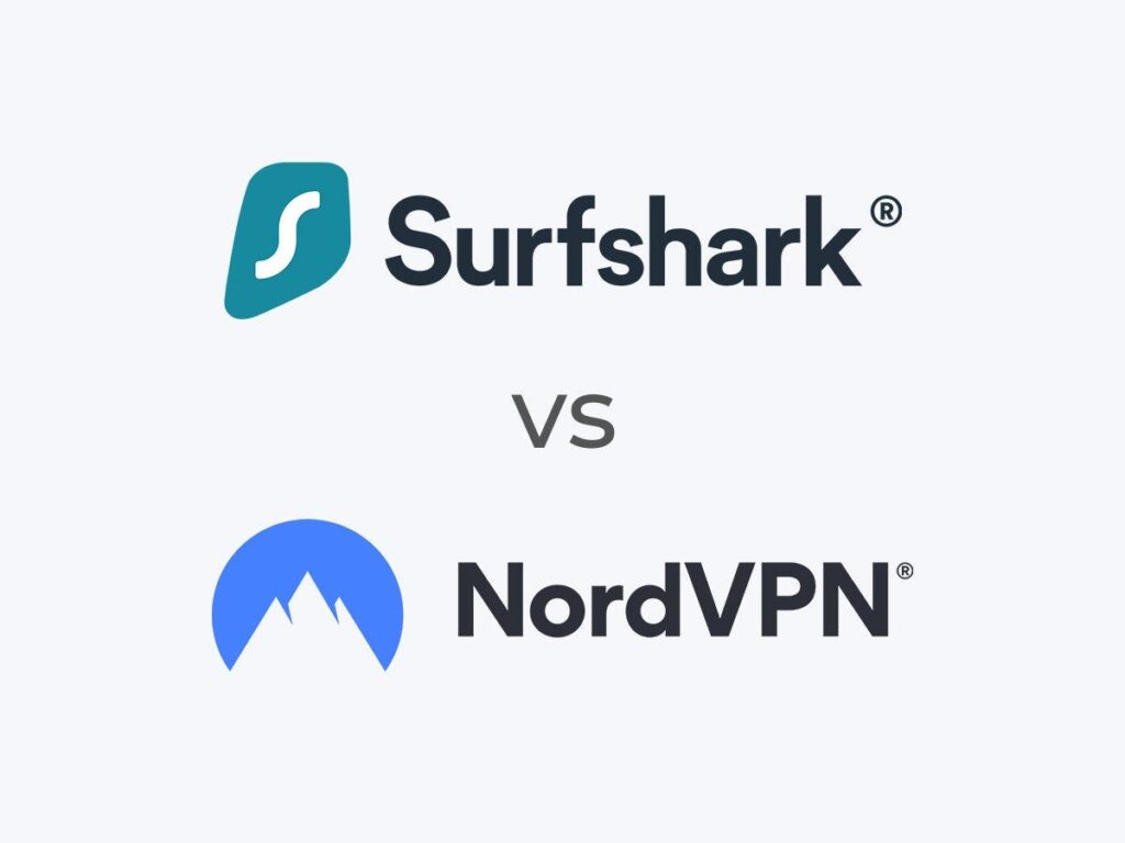 Porovnání VPN služeb Surfshark a NordVPN. Logo Surfshark je nahoře, logo NordVPN je dole, uprostřed je nápis "VS" označující srovnání těchto dvou služeb. Pozadí je světle šedé.