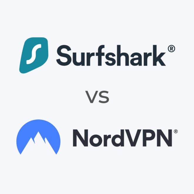 Porovnání VPN služeb Surfshark a NordVPN. Logo Surfshark je nahoře, logo NordVPN je dole, uprostřed je nápis "VS" označující srovnání těchto dvou služeb. Pozadí je světle šedé.