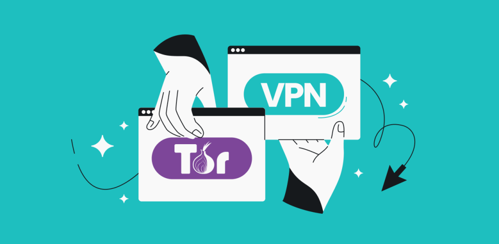 Ilustrace kombinující ikony Tor prohlížeče a VPN, představující koncept Onion Over VPN pro zvýšení anonymního a bezpečného prohlížení internetu.