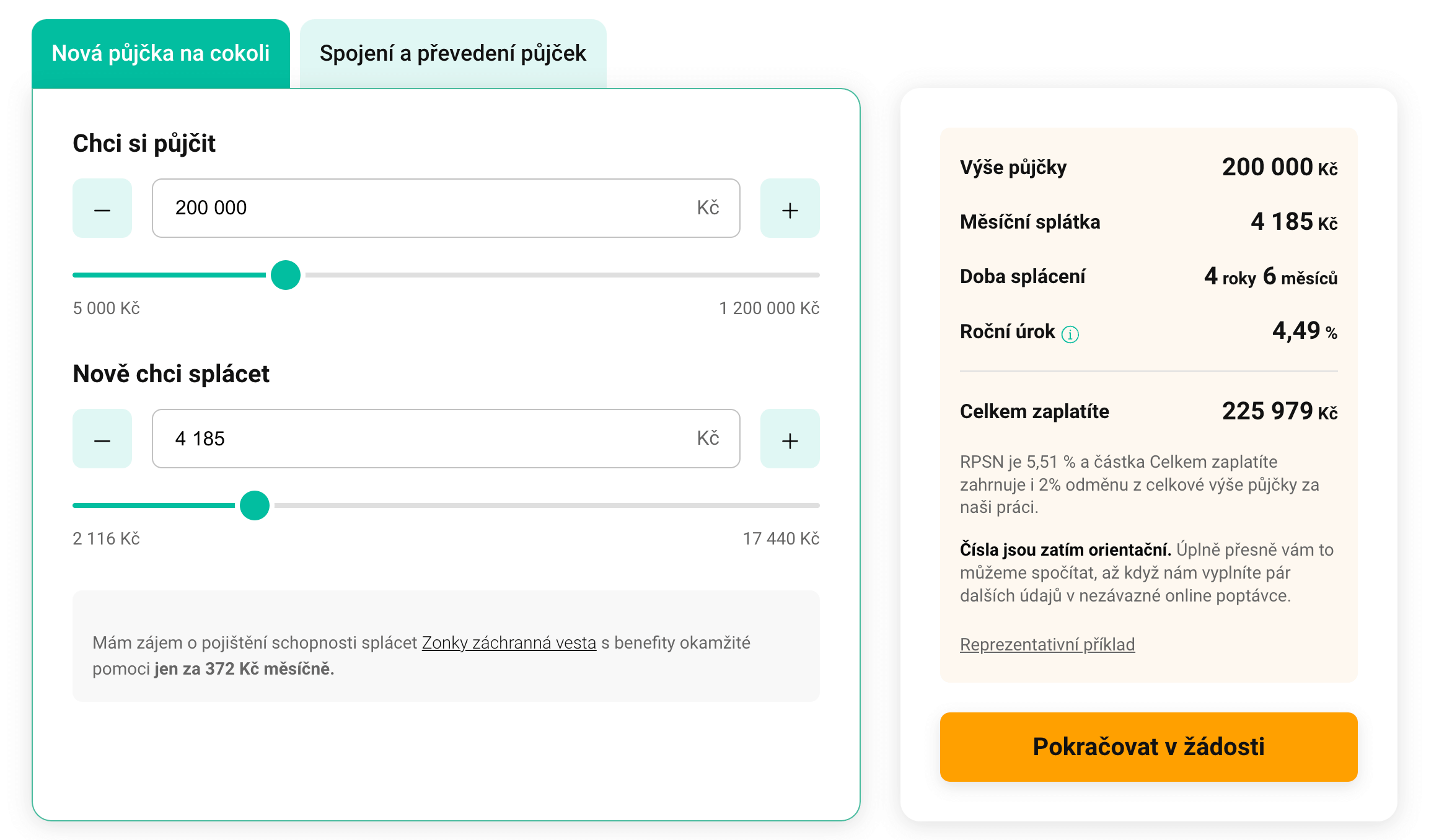 Online kalkulačka Zonky pro výpočet půjčky. Uživatel nastavuje výši půjčky na 200 000 Kč a měsíční splátku 4 185 Kč. Kalkulačka ukazuje orientační parametry půjčky, včetně doby splácení 4 roky 6 měsíců, ročního úroku 4,49 % a celkové splatné částky 225 979 Kč.