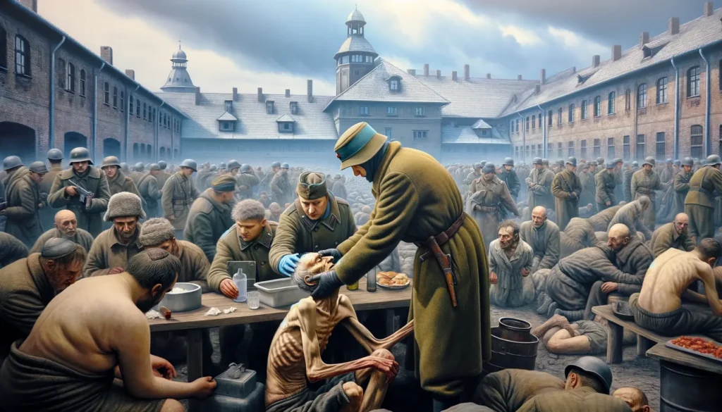 Realistický obrázek zachycující osvobození Terezína. Na scéně vidíme sovětské vojáky, jak pomáhají oslabeným a vyhublým vězňům. V pozadí jsou historické budovy ghetta Terezín. Atmosféra je pochmurná, ale zároveň nadějná, vystihující úlevu a emoce osvobozených vězňů. Vojsko poskytuje lékařskou pomoc a jídlo přeživším.