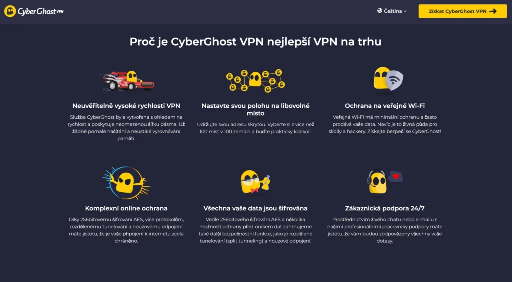 Proč je CyberGhost VPN nejlepší VPN na trhu: vysoké rychlosti, možnost nastavení libovolné polohy, ochrana na veřejné Wi-Fi, komplexní online ochrana, šifrování dat a zákaznická podpora 24/7.