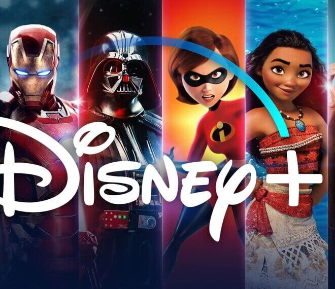 Logo Disney+ a postavy z filmů a seriálů: Iron Man, Darth Vader, paní Úžasňáková, Vaiana a Jeff Goldblum.