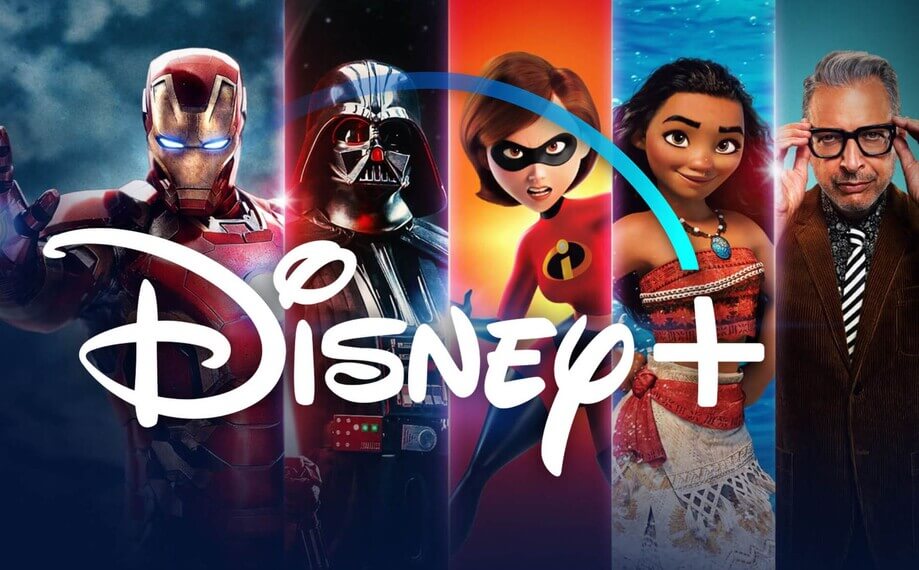 Logo Disney+ a postavy z filmů a seriálů: Iron Man, Darth Vader, paní Úžasňáková, Vaiana a Jeff Goldblum.