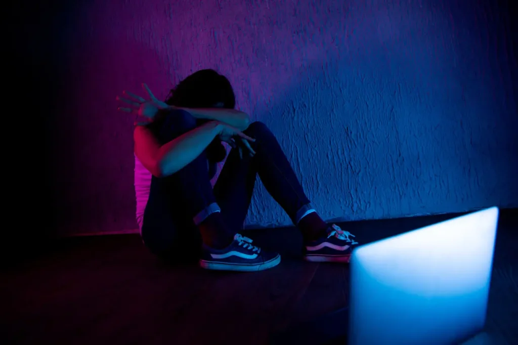 Dívka sedí na podlaze v temném pokoji, objímá si kolena a skrývá obličej v předloktí, zatímco před ní svítí monitor počítače. Působí smutně a zoufale, osvětlená modrým a růžovým světlem.