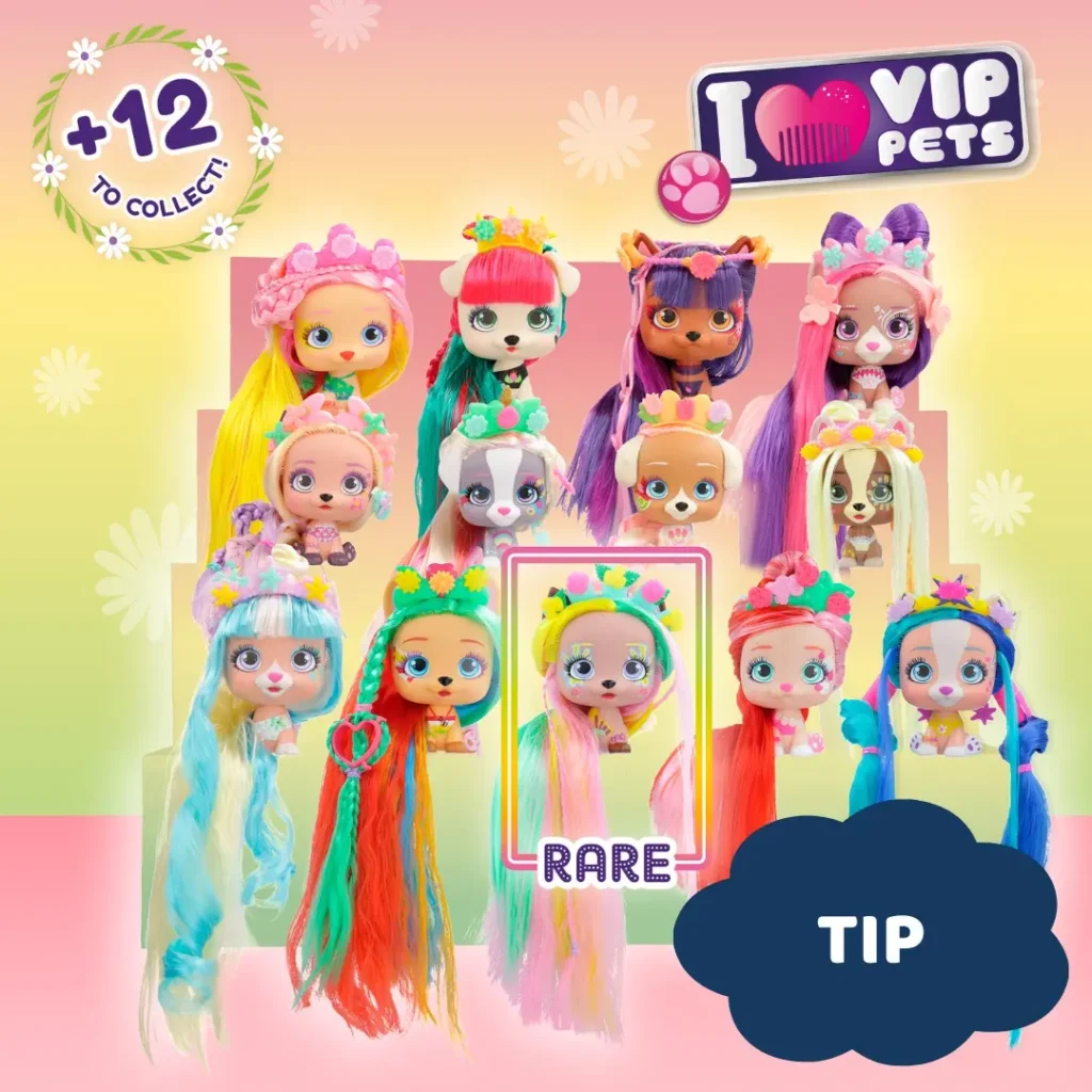 Sbírka VIP Pets figurek s dlouhými barevnými vlasy a květinovými čelenkami, z nichž jedna je označena jako vzácná (rare). Nápis 'I Love VIP Pets' a 'TIP' jsou uvedeny na růžovo-žlutém pozadí. Celkově je zde 12 figurek k nasbírání.
