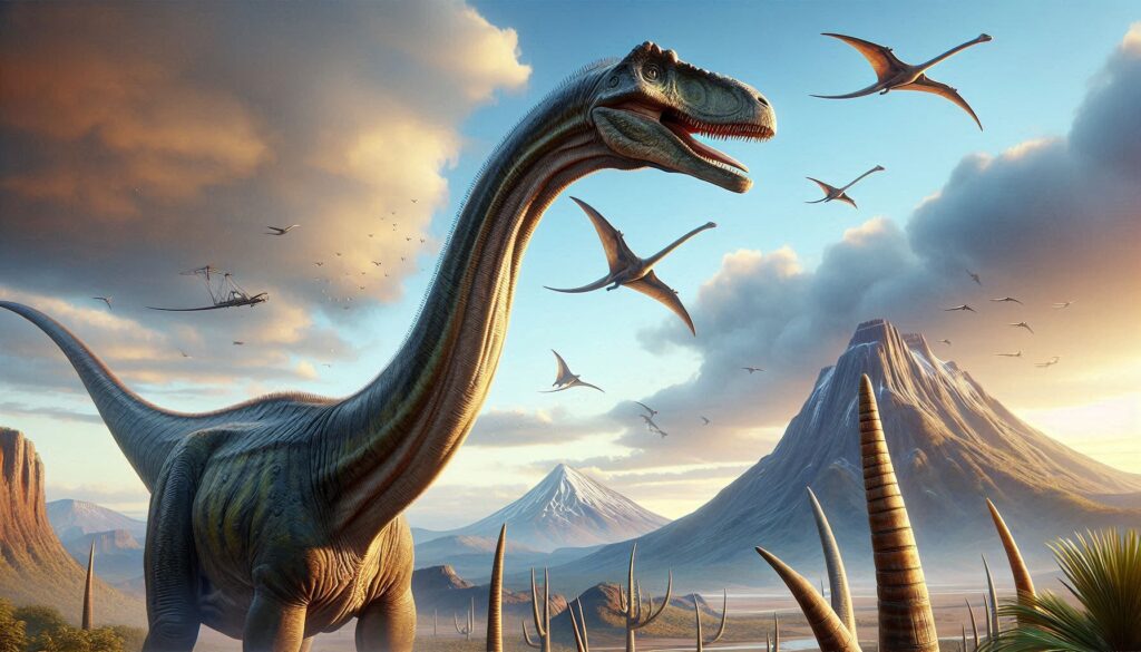obrázek zobrazuje prehistorickou scénu s obrovským dinosaurem s dlouhým krkem v popředí, který připomíná Brachiosaura. V pozadí létají několik létajících plazů, kteří by mohli být Pterosauři. Krajina zahrnuje bujnou zeleň u nohou dinosaura a pokračuje do hornaté oblasti s aktivní sopkou, která vypouští kouř nebo popel. Obloha je plná teplých odstínů oranžové a žluté, což naznačuje buď východ nebo západ slunce. Tento obrázek je zajímavý, protože reprezentuje éru dávno minulou a vyvolává zvědavost ohledně pravěkých obyvatel a prostředí Země.