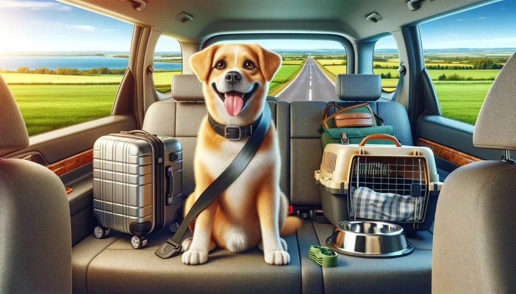 Obrázek na téma "cestování s pejskem" je hotový. Zobrazuje šťastného psa sedícího na zadním sedadle auta, připoutaného bezpečnostním pásem. Okolo něj jsou cestovní potřeby jako kufr, přepravka pro psa a miska na vodu. Z okna auta je vidět krásná venkovská krajina s zelenými poli a modrou oblohou. Pes vypadá nadšeně a připraveně na cestu, celá scéna vyjadřuje radost z cestování s domácím mazlíčkem.