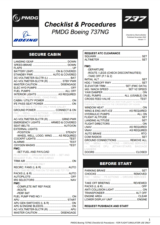 Checklist a postupy pro PMDG Boeing 737NG. Obsahuje kroky k zajištění bezpečné kabiny, žádosti o povolení ATC, předletovou přípravu a postupy před startem. Formátovaný seznam úkolů zahrnuje nastavení letadla, ověření různých systémů a přípravu na vzlet. Obrázek je určen pro simulátory letu.