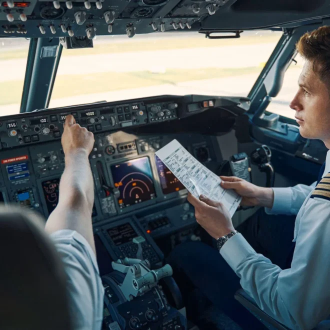 Dva piloti v kokpitu letadla provádějí předletovou kontrolu. Jeden pilot drží checklist, zatímco druhý pilot nastavuje přístroje na palubní desce.