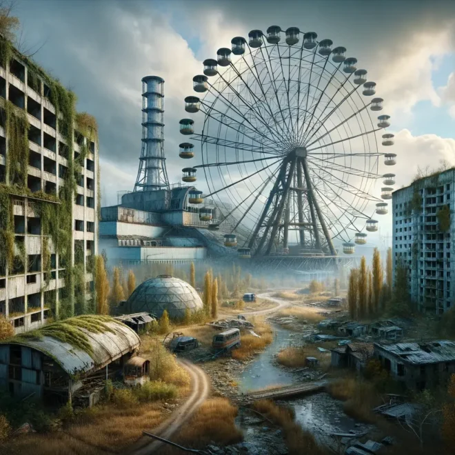 Obrázek Černobylu je zde znázorněn ve formátu 16:9. Tato realistická scéna zahrnuje opuštěné město Pripjať s zarostlou vegetací, rozpadajícími se budovami a ikonickým ruským kolem v popředí. V pozadí je vidět Černobylská jaderná elektrárna s novým sarkofágem pokrývajícím reaktor č. 4. Celková atmosféra je tísnivá a znepokojivá, odrážející následky katastrofy.