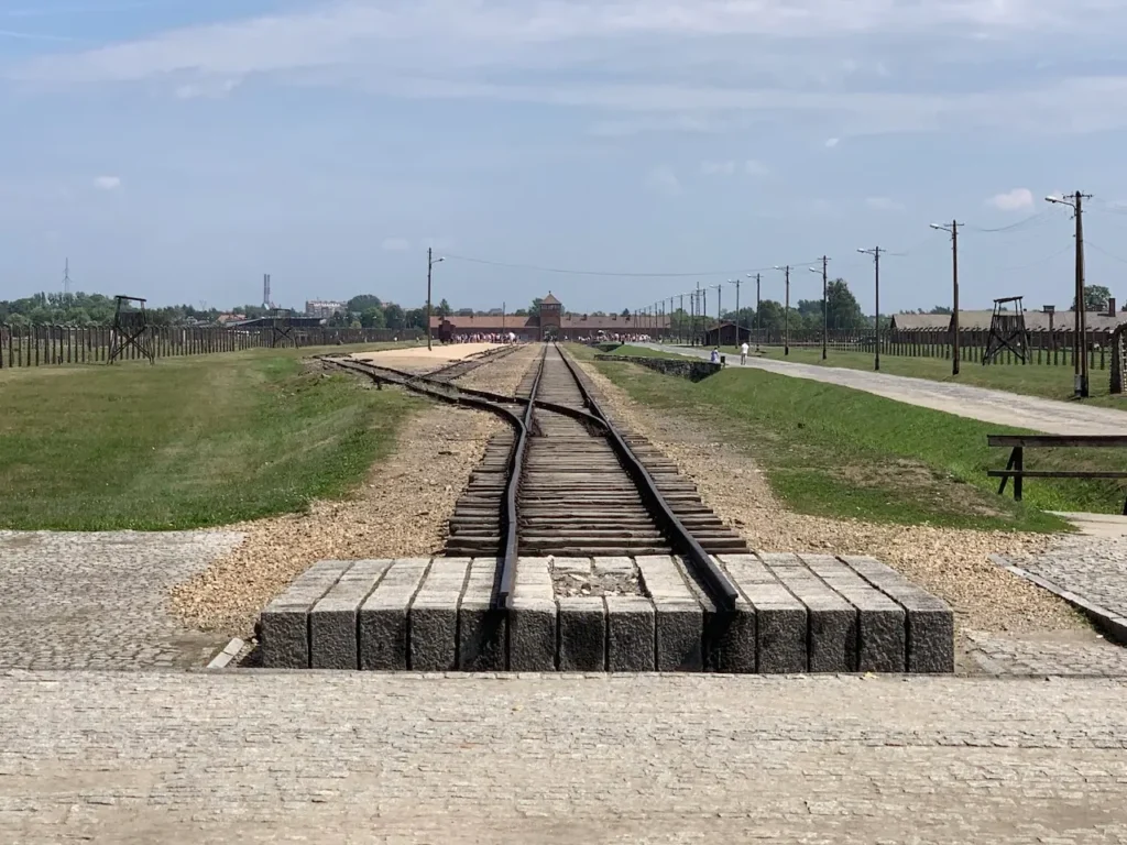 Fotografie zachycuje železniční trať vedoucí do koncentračního tábora Osvětim (Auschwitz). Koleje, které končí před hlavní branou tábora, symbolizují poslední cestu mnoha lidí deportovaných během holocaustu. V pozadí je vidět vstupní brána a část tábora s drátěnými ploty a strážními věžemi. Tento pohled evokuje silné emoce a připomíná tragické události druhé světové války.