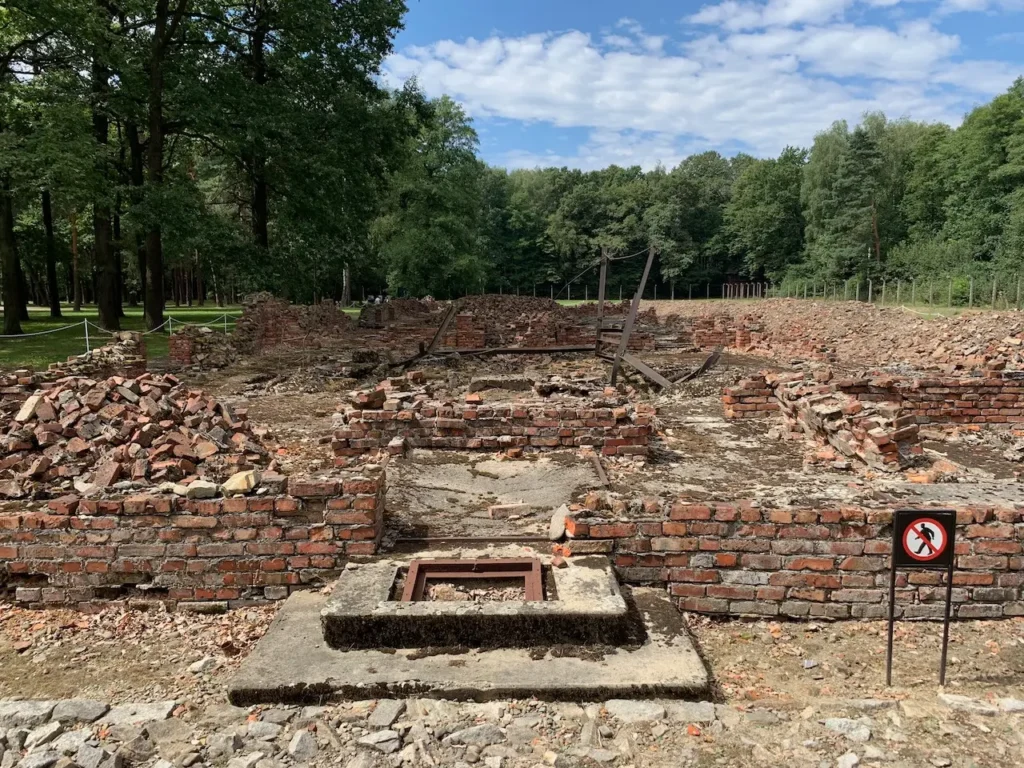 Fotografie zobrazuje trosky plynových komor v koncentračním táboře Osvětim (Auschwitz). Zbytky cihelných zdí a rozbořené struktury připomínají místo, kde byly páchány masové vraždy během holocaustu. Okolní zeleň kontrastuje s devastací a smutnou historií tohoto místa. Pohled na tyto trosky evokuje silné emoce a nutí k zamyšlení nad hrůzami, které se zde odehrávaly.