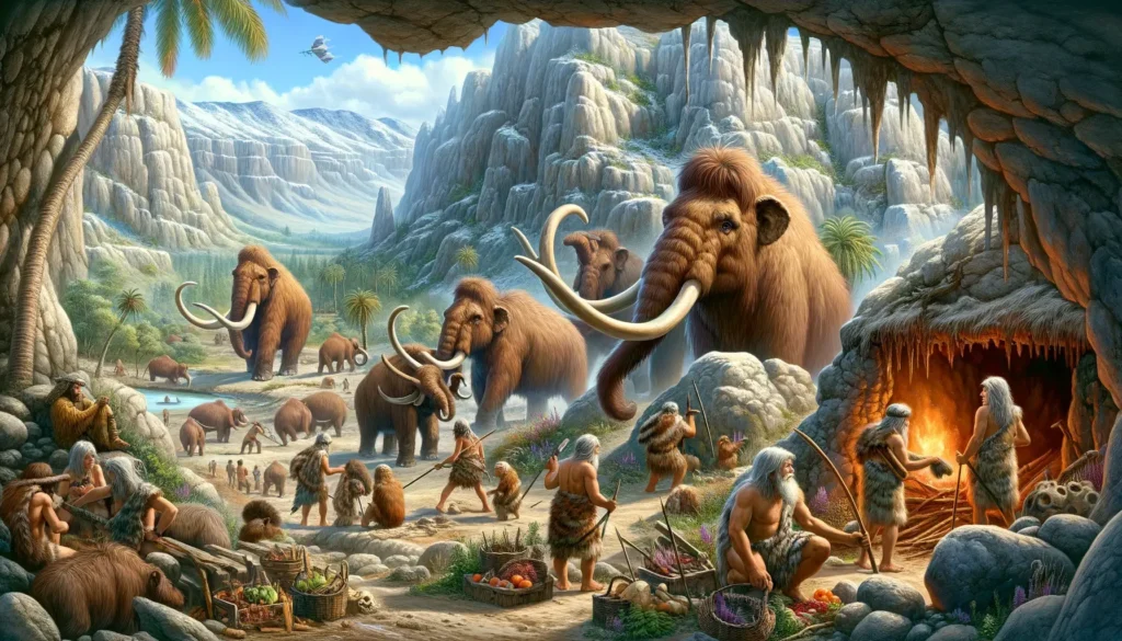 Obrázek zobrazující realističtější scénu pravěku s mamuty a lovci je hotov. Na scéně jsou lovci aktivně lovící mamuty pomocí oštěpů a koordinovaných strategií, zatímco sběrači sbírají rostliny a plody. Pozadí tvoří drsná, skalnatá krajina s detailními jeskyněmi, což zachycuje tvrdý a syrový životní styl pravěkých lidí.