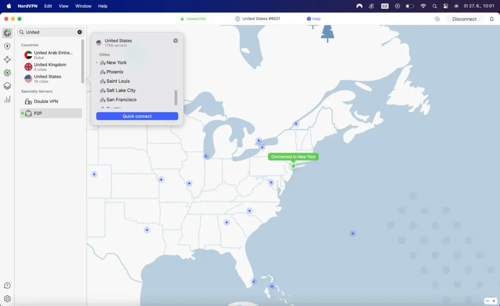 Snímek obrazovky aplikace NordVPN ukazující připojení k serveru v New Yorku, Spojené státy americké. Na mapě je zvýrazněno připojení k serveru v New Yorku a v levém panelu je vidět seznam dostupných zemí a měst pro připojení.