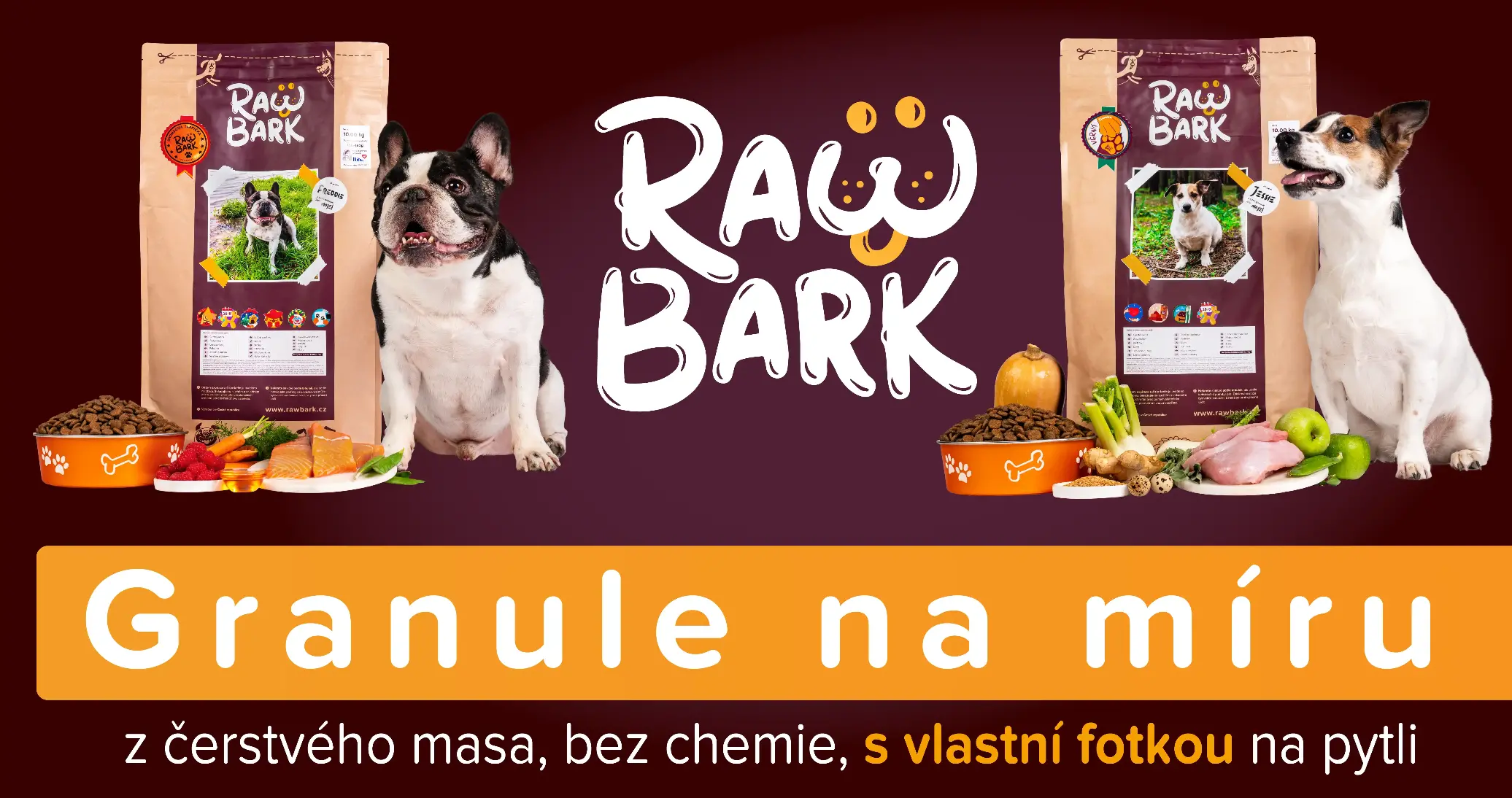 Granule RawBark - prémiové krmivo pro psy z čerstvého masa, bez chemie, s vlastní fotkou vašeho pejska na pytli.