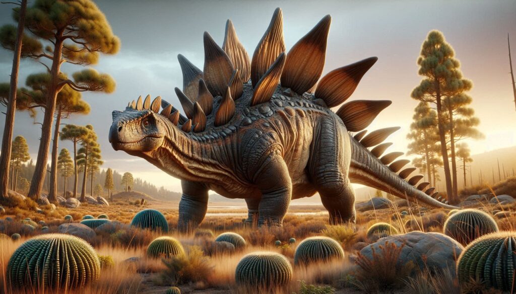 obrázek zobrazuje Stegosaura v přirozeném prostředí s detailními texturami na jeho kůži a destičkách. Stojí uprostřed vysoké trávy a borovic během toho, co vypadá jako buď východ nebo západ slunce, vytvářející teplou a klidnou atmosféru.
