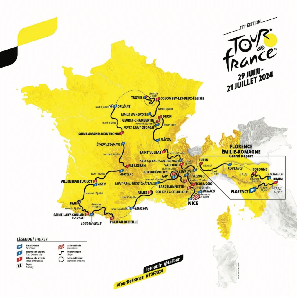 Mapa trasy Tour de France 2024, která ukazuje start ve Florencii, Itálie, a cíl v Nice, Francie. Mapa znázorňuje jednotlivé etapy závodu, vedoucí přes Itálii, Francii, Monako a San Marino. Na mapě jsou vyznačeny klíčové body jako Rimini, Boloňa, Turín, Valloire, Dijon, Orléans, Pau, Plateau de Beille a Col de la Couillole. Etapy jsou označeny různými ikonami podle typu etapy, jako kopcovité, horské, rovinaté a časovky. Legenda vysvětluje význam jednotlivých symbolů.