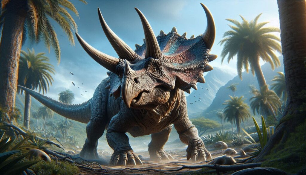 obrázek zobrazuje Triceratopse v pravěkém džunglovém prostředí. Triceratops, s jeho charakteristickou třírohým obličejem a velkým límcem, je vyobrazen v dynamické póze, naznačující pohyb. Okolo dinosaura jsou bujně zelené palmy a kapradiny pod jasnou oblohou, kde sluneční světlo proniká skrze koruny stromů. V pozadí jsou slabé siluety dalších dinosaurů a létajících tvorů, možná pterosaurů, což umocňuje starobylou a divokou atmosféru scény.