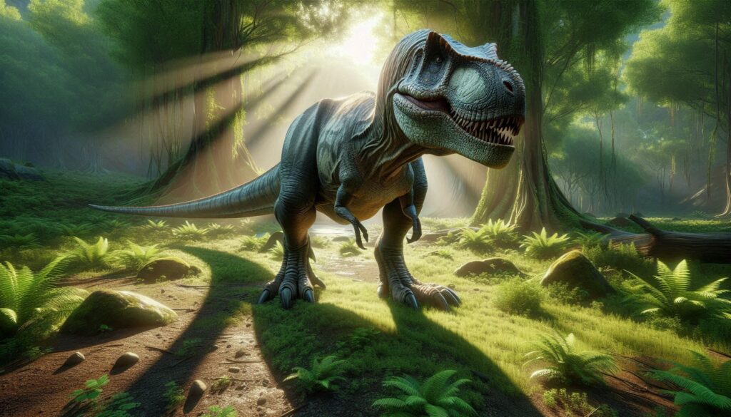 obrázek zobrazuje Triceratopse v pravěkém džunglovém prostředí. Triceratops, s jeho charakteristickou třírohým obličejem a velkým límcem, je vyobrazen v dynamické póze, naznačující pohyb. Okolo dinosaura jsou bujně zelené palmy a kapradiny pod jasnou oblohou, kde sluneční světlo proniká skrze koruny stromů. V pozadí jsou slabé siluety dalších dinosaurů a létajících tvorů, možná pterosaurů, což umocňuje starobylou a divokou atmosféru scény. Tito dinosauři žili v době pravěku.